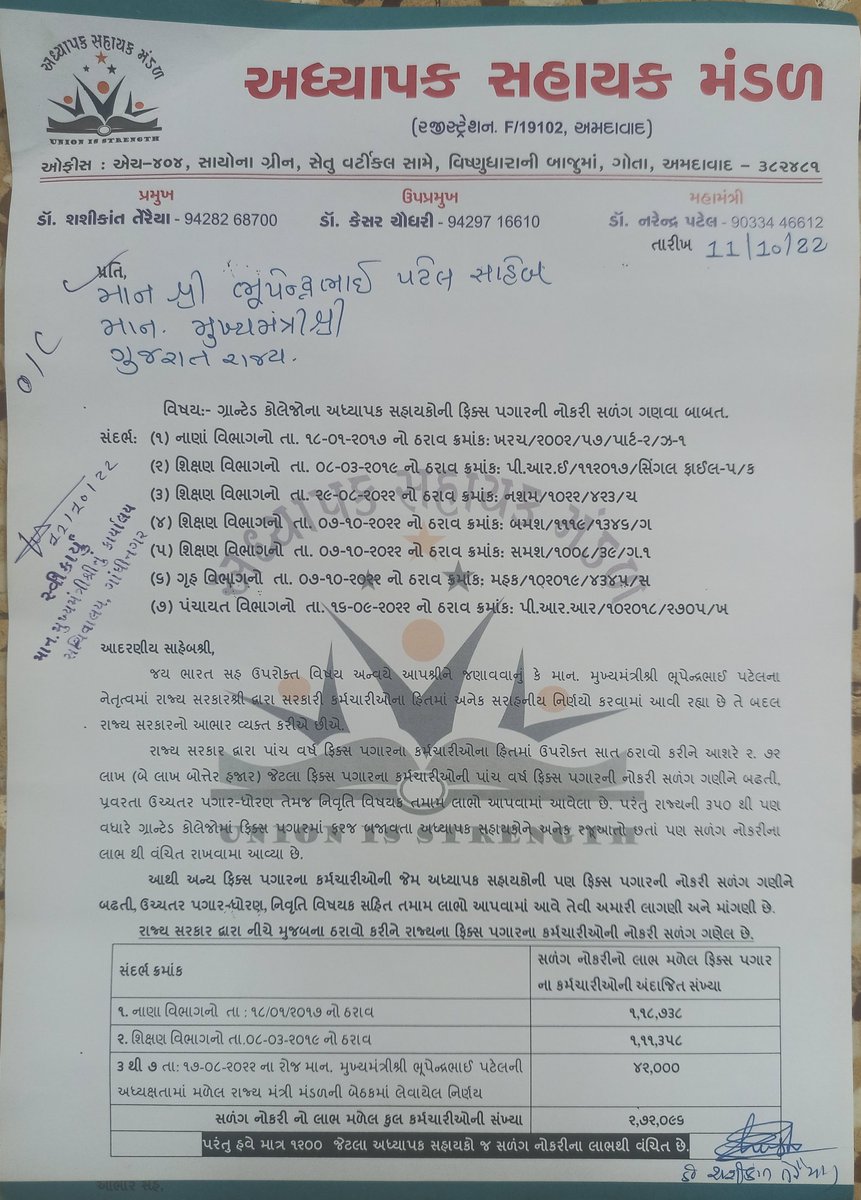 FixpayAdhyapak's tweet photo. ફિક્સપગારની નોકરી સળંગ ગણવાના કુલ આઠ ઠરાવો થયા પરંતુ અનેક રજૂઆતો કરવા છતાં પણ અધ્યાપક સહાયકોની નોકરી સળંગ ગણવાનો ઠરાવ થતો નથી
#ડબલ_એન્જિન_સરકાર_સપના_સાકાર હવેતો કરો
#અઘ્યાપક_સહાયકોના_સપના_સાકાર @CMOGuj @jitu_vaghani @Bhupendrapbjp @KanuDesai180 @narendramodi @AmitShah @mnagarajan https://t.co/9yxkTSdSPF