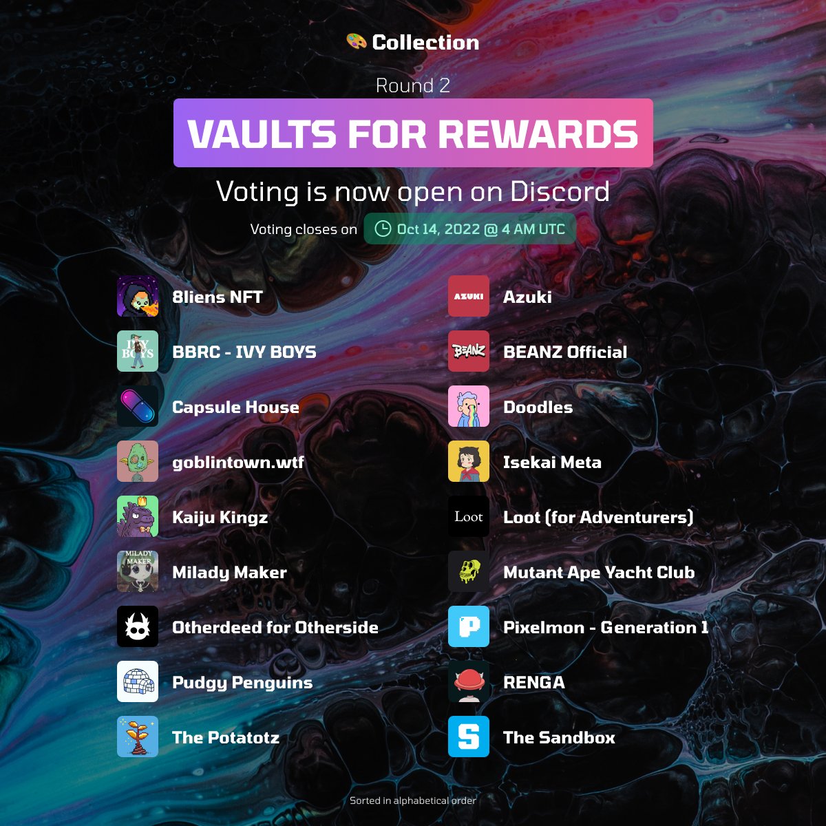 CollectionWeb3's tweet photo. #CollectionXYZ_VaultsForRewards | Round 2
📢 Vote for your favorite NFT community to receive 500 USDC + 500 USD worth of WETH in each of the 8 winning vaults!
🗳️ VOTE NOW on our discord: https://t.co/CAbI9EucwD
⏰ Voting closes on Oct 14, 2022 @ 4:00 AM UTC https://t.co/YSMdc2iaof