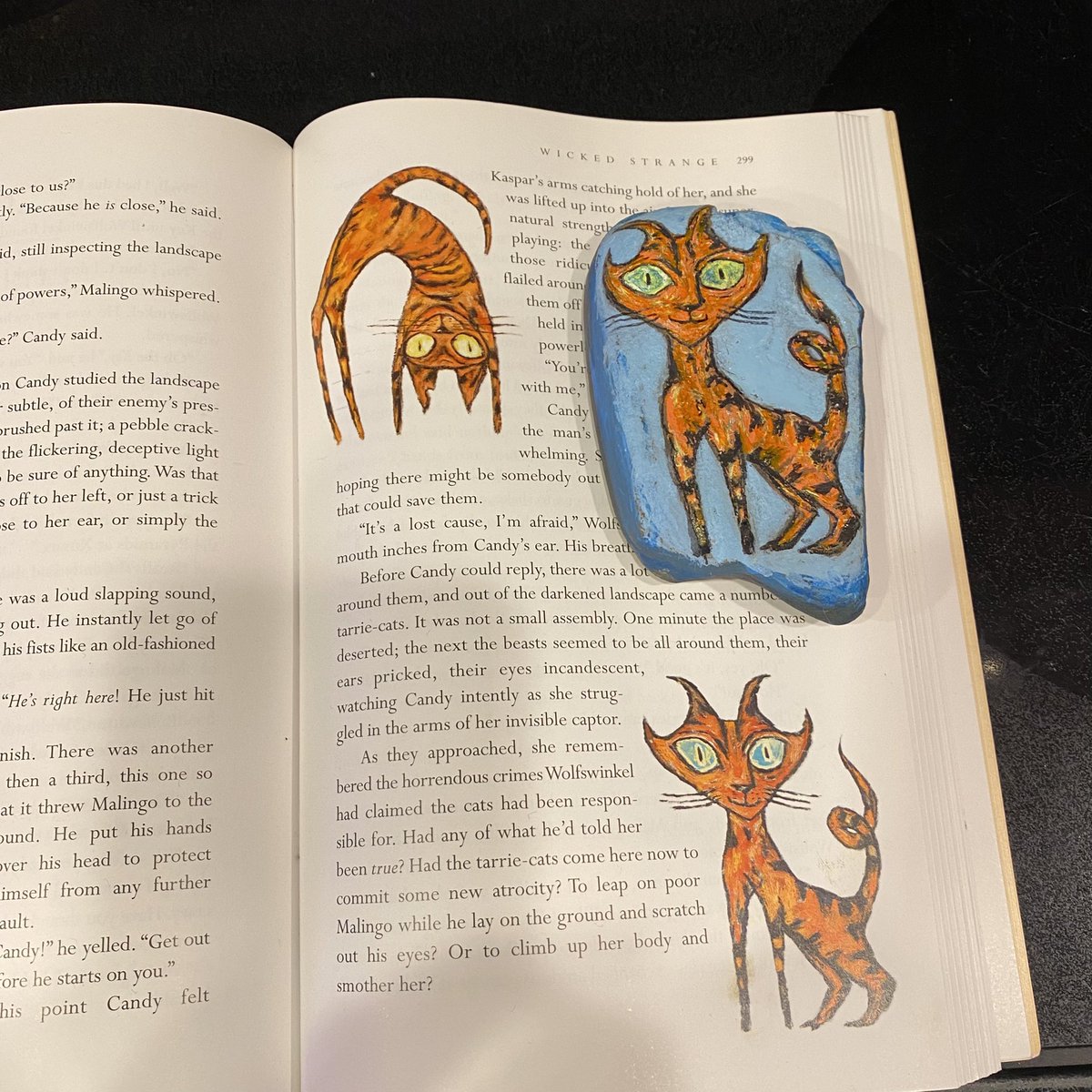 ciarraianne's tweet photo. @RealCliveBarker I devoured Abarat like a zethek when it was first published and now, 20 years later I’m  a librarian and reading it with my daughter. Here’s a tarry cat rock we painted for #kindnessrocks. Can’t wait for #kryrising!! https://t.co/g6Ncbxdrbq