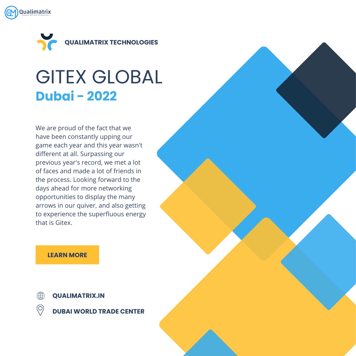 QualimatrixTech's tweet image. Find us live today at Dubai World Trade Centre for GITEX GLOBAL with our CEO and Co-Founders.

#gitex2022 #محمد_بن_زايد_في_روسيا #chainsawman #ميلان_تشيلسي #RamSetuTrailer #realestate #ShriMahakalLok #FlipAtFlipkart #كاس_مصرف_ابوظبي_الاسلامي #Samsung #T20WC2022 #GITEXGLOBAL2022