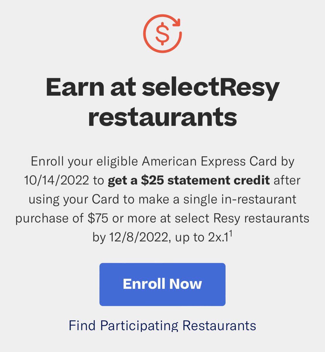 Spend $75 get $25 off when you add this offer on your AmEx account! Check your office, must enroll by 10/14 #MemberWeek resy.com/amex-member-we…
