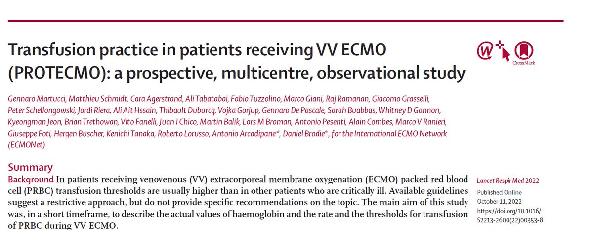 Great insights on transfusion threshold during VV ECMO. 🩸PRBC transfusion - invariably associated with lower mortality only when Hb< 7 g/dL Was a great prospective study to be a part of. thelancet.com/journals/lanre… @GraemeMacLaren @ELSOOrg @FOAMecmo @LancetRespirMed