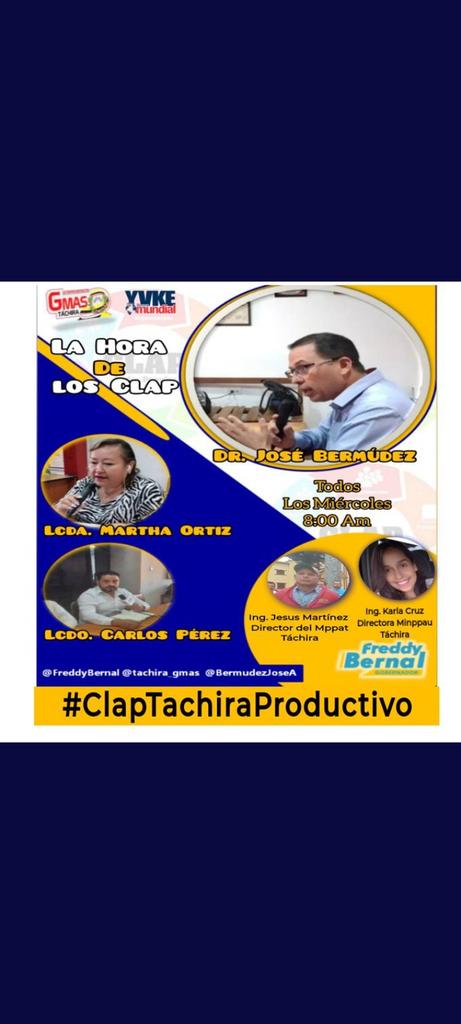 Mañana #12Oct a partir de las 8am por la 94.5 FM <a href="/YvkeTachira/">Yvke Tachira</a> sintoníza "La Hora de los Clap" con <a href="/karlacruzjau/">Karla Cruz</a> Directora de <a href="/MinPPAU_Tachira/">MinPPAU Tachira</a> y <a href="/JMartinez0618/">JotaMartinez</a> Director de <a href="/UEMPPATachira/">UTMPPAPT Táchira</a> ¡Imperdible!
#ClapTachiraProductivo 
<a href="/FreddyBernal/">Freddy Bernal</a> 
<a href="/LealTelleria/">M/G Carlos Leal Tellería</a> 
@MinagrourbanaV