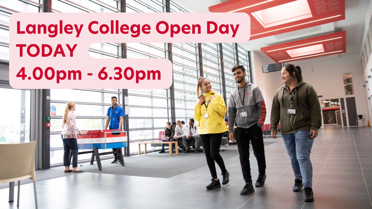 Today is the Langley College Open Day. Come and see us between 4.00pm - 6.30pm to explore the courses and campus. Talk to staff, students, get help enrolling or just find out more about what’s on offer. See you there!