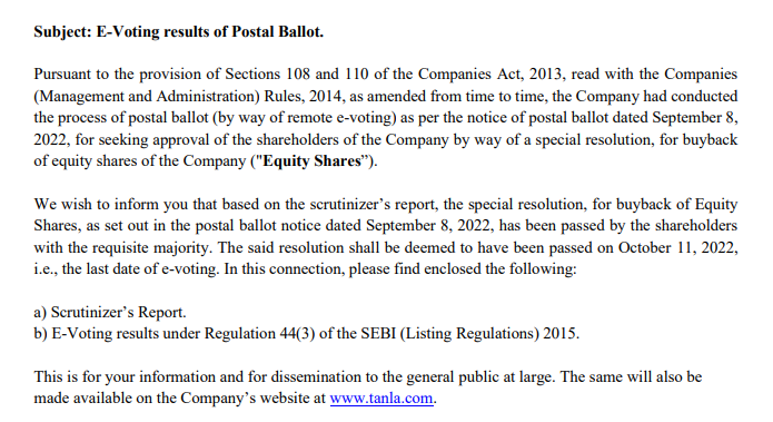 #TanlaPlatforms #Q2FY23 Results

Board meeting is scheduled on 20 Oct.

Looking forward to decent quarter w/QoQ growth & margins improvements -which will b the big focus area given the margin decline during Q1.

Separately, Buyback is progressing-shareholders approval came today.