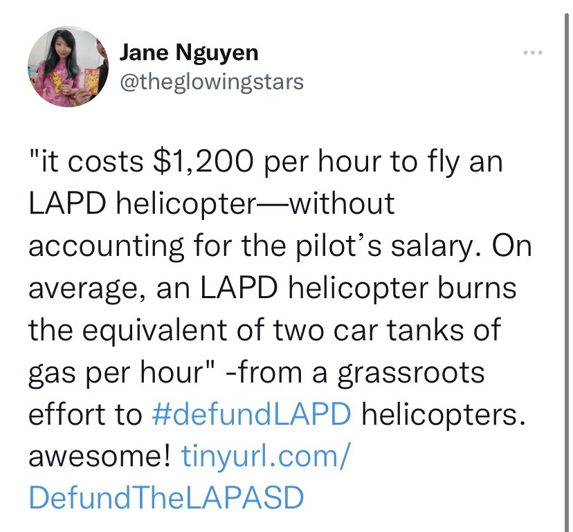 <a href="/PplsCityCouncil/">People's City Council - Los Angeles</a> <a href="/LACANetwork/">LA CAN</a> <a href="/FilmThePoliceLA/">Film The Police LA</a> <a href="/BLMLA/">#BlackLivesMatter-LA</a> <a href="/stoplapdspying/">Stop LAPD Spying Coalition</a> <a href="/LAPCFails/">#LAPCFails</a> <a href="/JusticeLANow/">JusticeLA</a> <a href="/YouthJusticeLA/">Youth Justice Coalition</a> <a href="/LA_StudentsDsrv/">#StudentsDeserve</a> <a href="/NoSweepsLA/">Services Not Sweeps</a> <a href="/NOlympicsLA/">NOlympics LA</a> LAPD helicopters are causing massive noise and fuel pollution in our neighborhoods. My petition letter to disband the heavy usage of LAPD helicopters is coming this week. I’ll have a public safety agenda together as well. #AbolishLAPD #Corruption <a href="/quis__custodiet/">Mad for Garlic</a>