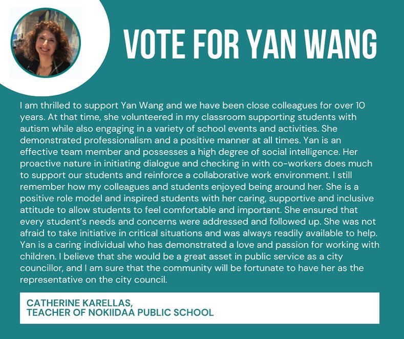 yanwangmarkham's tweet photo. Thanks Catherine for your endorsement! Love you!

#municipalelections2022 #elections2022
#citycouncillor #markhamward2 #endorsements https://t.co/g7RkZdz9Pz