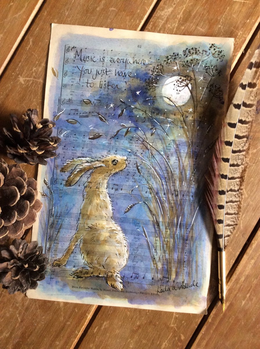 ‘Music is everywhere, you just have to listen’ my #etsy shop: Moonlit Hare - music sheet art, music lovers, art, musicians gifts, hare lovers, original ink illustration, old pages, music scores etsy.me/3fPXJYM