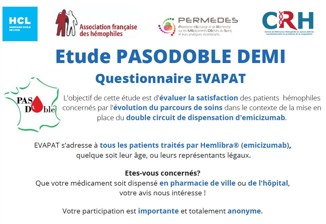 FiliereMHEMO's tweet photo. 📢 L’étude PASO DOBLE DEMI recueille la satisfaction des patients qui bénéficient d’une dispensation d’Hemlibra® (emicizumab) :
en pharmacie de ville➡https://t.co/JNRbvi9zc1
ou en pharmacie hospitalière➡https://t.co/pBTUq4gAhG
➕d'infos sur le site💻
➡https://t.co/R53Wyk8ku8⬅ https://t.co/ghZfRcZ4QU