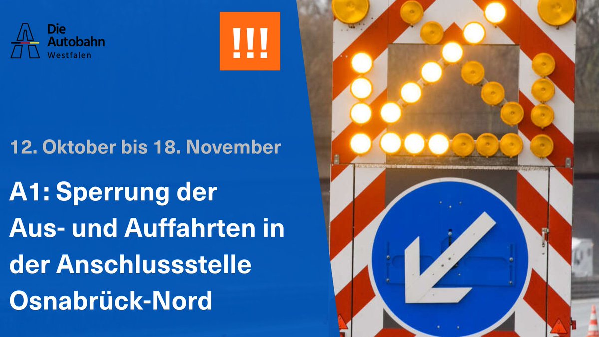 Autobahn_Westf's tweet photo. 🚧 #A1: Wegen Arbeiten an der #B68 werden in der Anschlussstelle #Osnabrück-Nord ab heute in beiden Fahrtrichtungen die Ausfahrten #Bramsche-Süd/Wallenhorst sowie die Auffahrten von der #B68 bis zum 18. November gesperrt. Umleitung über 👉 #Bramsche und #Osnabrück-Hafen. https://t.co/C8gb5u2fsO