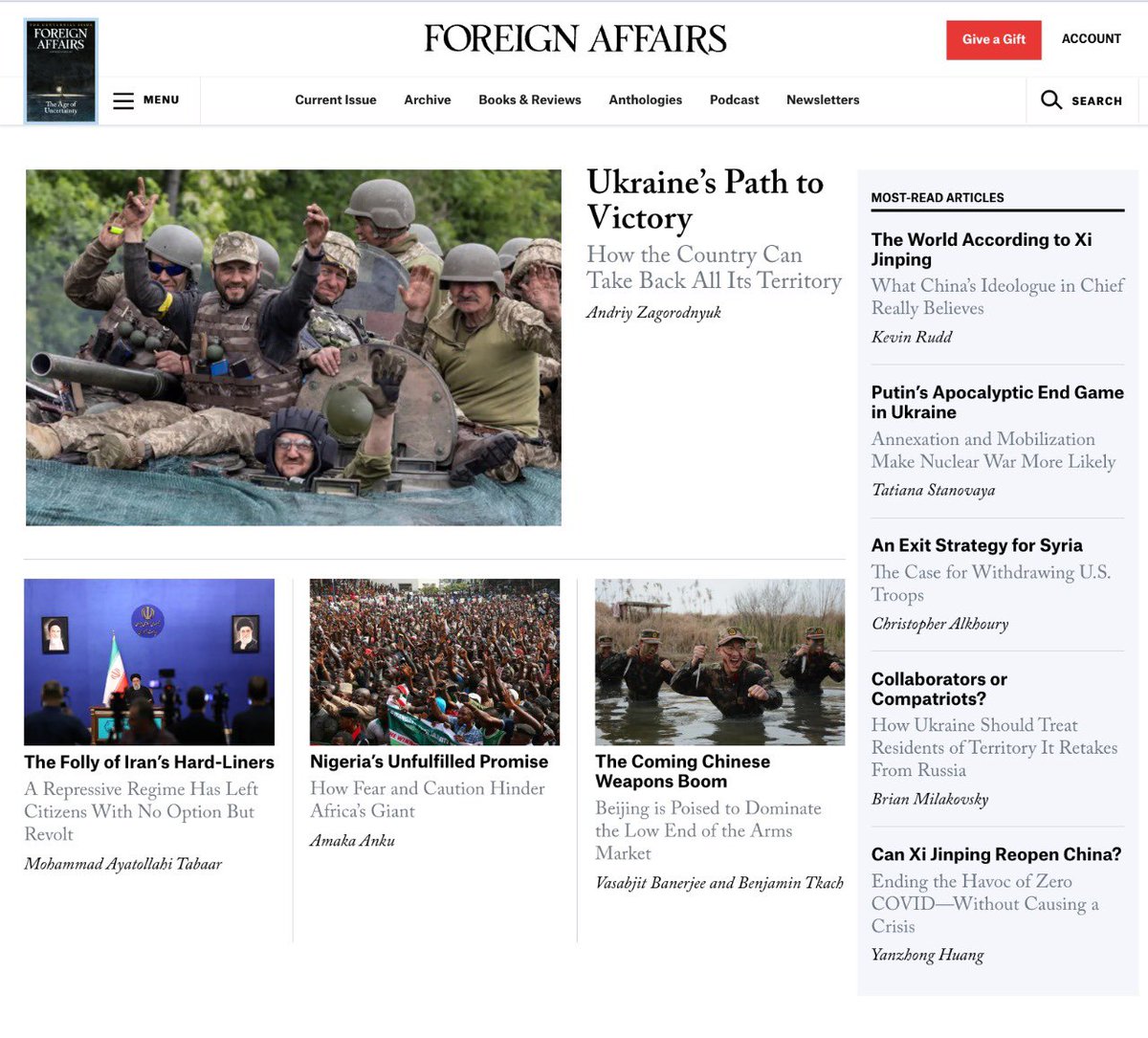 Very happy to see my article on the front page of <a href="/ForeignAffairs/">Foreign Affairs</a>, a world’s leading foreign policy publication. In this article I analyze how Ukraine will win and why the global community should plan for nothing else than unequivocal victory. Link: foreignaffairs.com/ukraine/ukrain…
