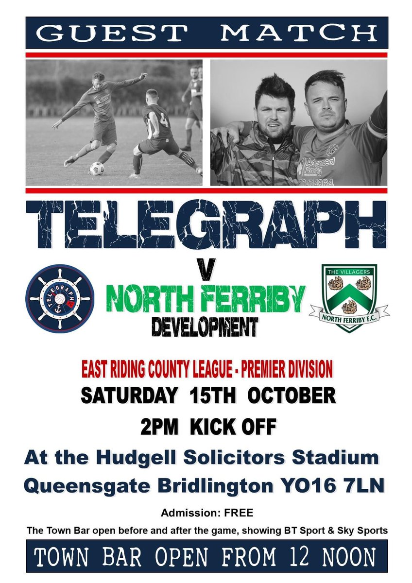 This Saturday we are hosting another guest match between Telegraph FC and North Ferriby development in the East Riding County league Premier division. 
the match kicks off at 2pm FREE entry. Town Bar open from 12.
EVERYONE WELCOME ❤️⚽️