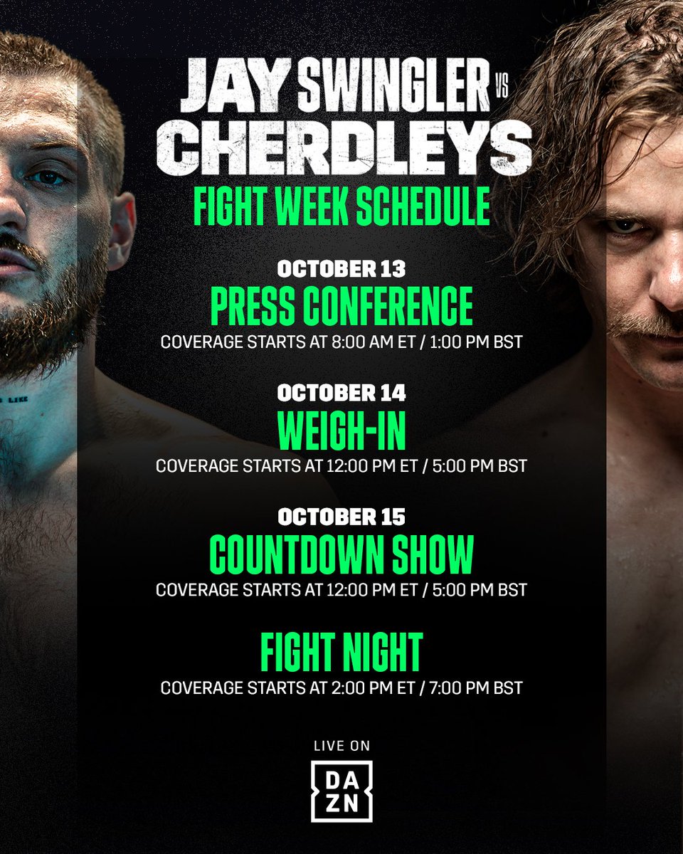 OutcastsBoxing's tweet photo. 𝙈𝙁 &amp; 𝘿𝘼𝙕𝙉: 𝙎𝙀𝙍𝙄𝙀𝙎 ⓿⓿❷ 
𝐅𝐈𝐆𝐇𝐓 𝐖𝐄𝐄𝐊 𝐒𝐂𝐇𝐄𝐃𝐔𝐋𝐄 🗓

REMAINING TICKETS:
https://t.co/jWbB8LOmwu

Don't miss all the action from Sheffield on https://t.co/Gj34GU9xfJ 

#SwinglerCherdleys | @MisfitsBoxing | @DAZNBoxing https://t.co/QxFSrYmqLD