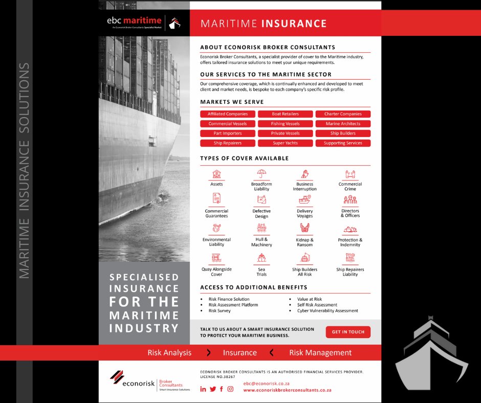 EconoriskBC's tweet photo. Specialised insurance for the maritime industry: 
Talk to us about a smart insurance solution to protect your maritime business.
https://t.co/qJtYNPAGok

ebc@econorisk.co.za
https://t.co/dQJ6oURUrV

#marineinsurance #CommercialVessels #PartImporters #ShipRepairers #BoatRetailers https://t.co/oufoX60upj