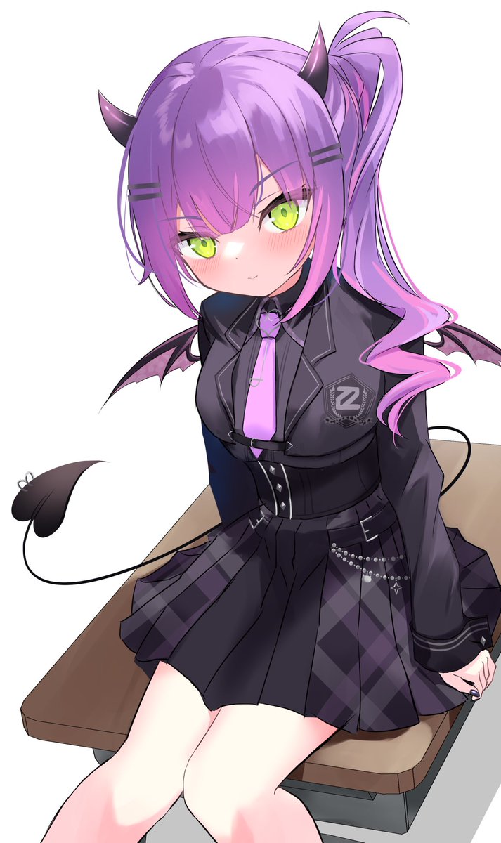 tokoyami towa 1girl tail demon tail wings horns solo purple hair  illustration images