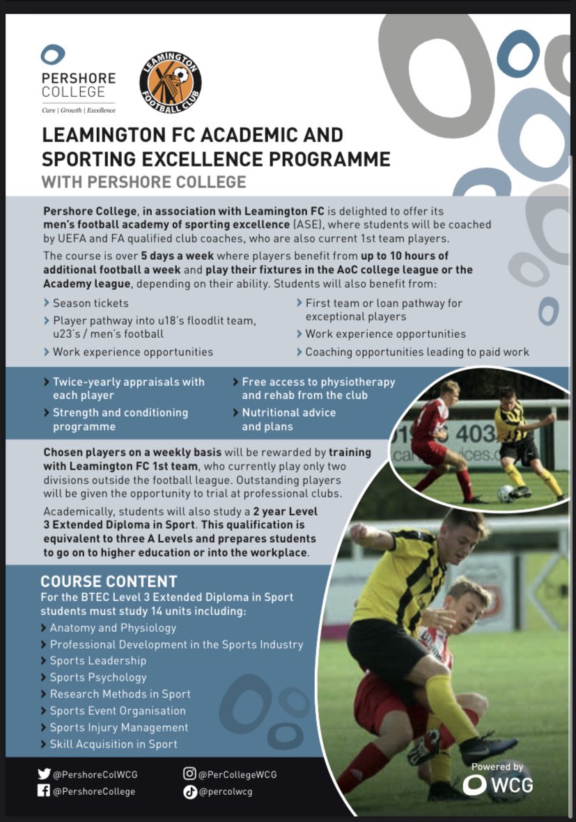 leamfcacademy's tweet photo. Open Evening! 
Current year 11 or 12? 
Further Education Football Academy &amp; Sports Courses with @MoretonColWCG &amp; @PershoreColWCG 

🏟 Leamington FC, Harbury Lane CV33 9QB 
🗓 Monday 24th October 2022
⌚️ 19.00 - 21.00pm 
For more information email chris.knott@leamingtonfc.co.uk https://t.co/E2jNTHpiXk