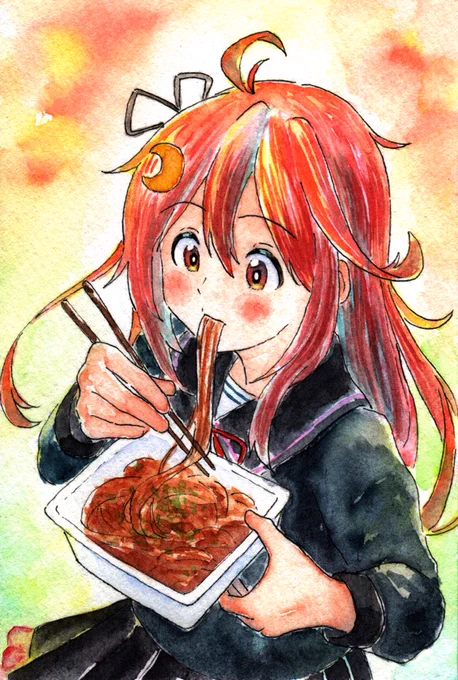 やきそばを食べる卯月ちゃんのイラストです 