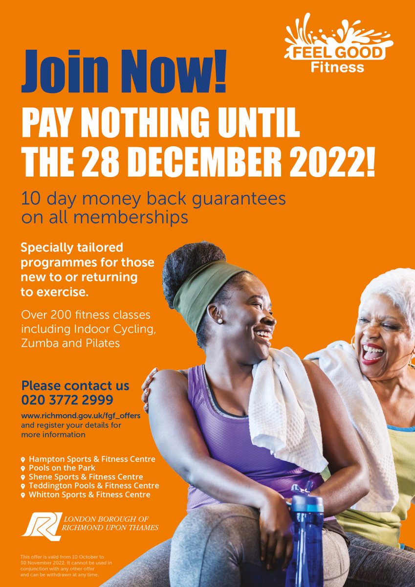 Join Feel Good Fitness and Pay Nothing Until the 28 December 2022! 
Free specially tailored programmes for those new to or returning to exercise and over 200 fitness classes!
T&amp;C’s apply. Click on the link below or call us on 020 3772 2999 for more info
ow.ly/lZ2250L7Noa