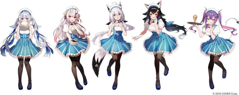 amane kanata ,nakiri ayame ,ookami mio ,shirakami fubuki multiple girls wolf ears oni horns animal ears wolf girl pantyhose tail  illustration images