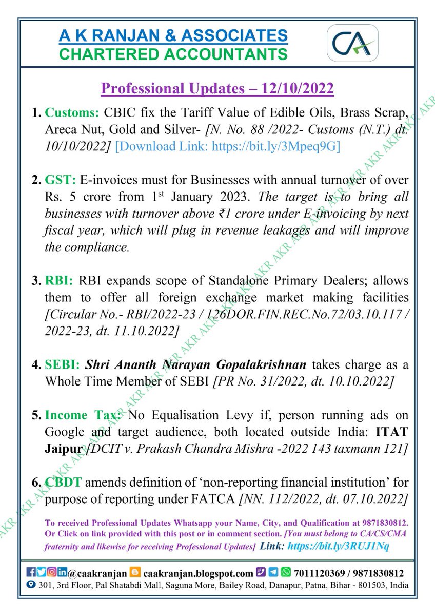 caakranjan's tweet photo. Professional Updates 12/10/2022
#customs #GST #RBI #sebi #incometax #cbdt #e_invoice #itat #invoice #tariff #FATCA #equalisationlevy #reporting #professionalupdates #AKR https://t.co/c2FnIQHjPr