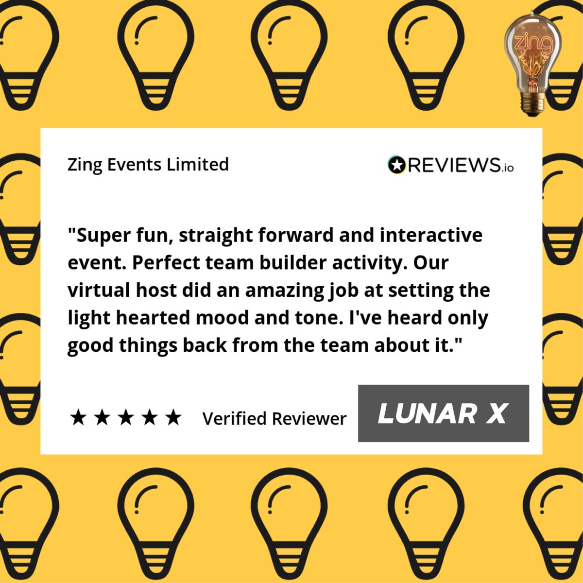 zingevents's tweet image. Great feedback from Lunar X on their recent virtual team build with us.
If you and your team think you are up to the challenge why not head over to our website now and check out our huge range?

zingevents.co.uk
