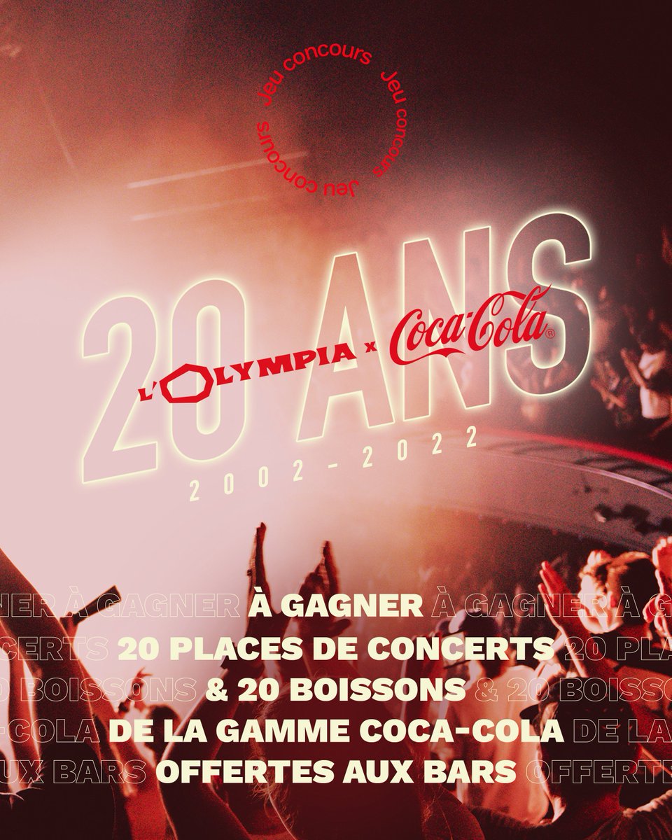 🥤 20 ans que <a href="/cocacolafr/">Coca-Cola France</a> nous désaltère les soirs de concerts 🥤 Pour fêter cet anniversaire, on vous fait gagner 20 places de concerts et des boissons offertes au bar ! 

Pour participer : RT ce tweet + follow <a href="/OLYMPIAHALL/">L'Olympia</a> 

🗓️ Tirage au sort le 18/10