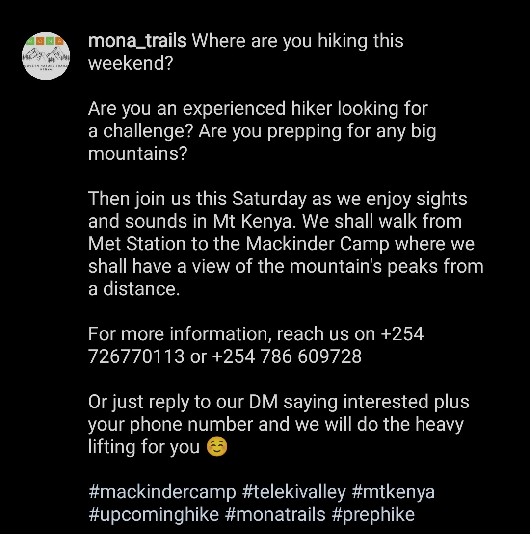 themkare's tweet photo. Hello and welcome to this Saturday's excursion 🤗 #telekivalley #mackindercamp #mtkenya #upcominghike https://t.co/LHARCkL4rp