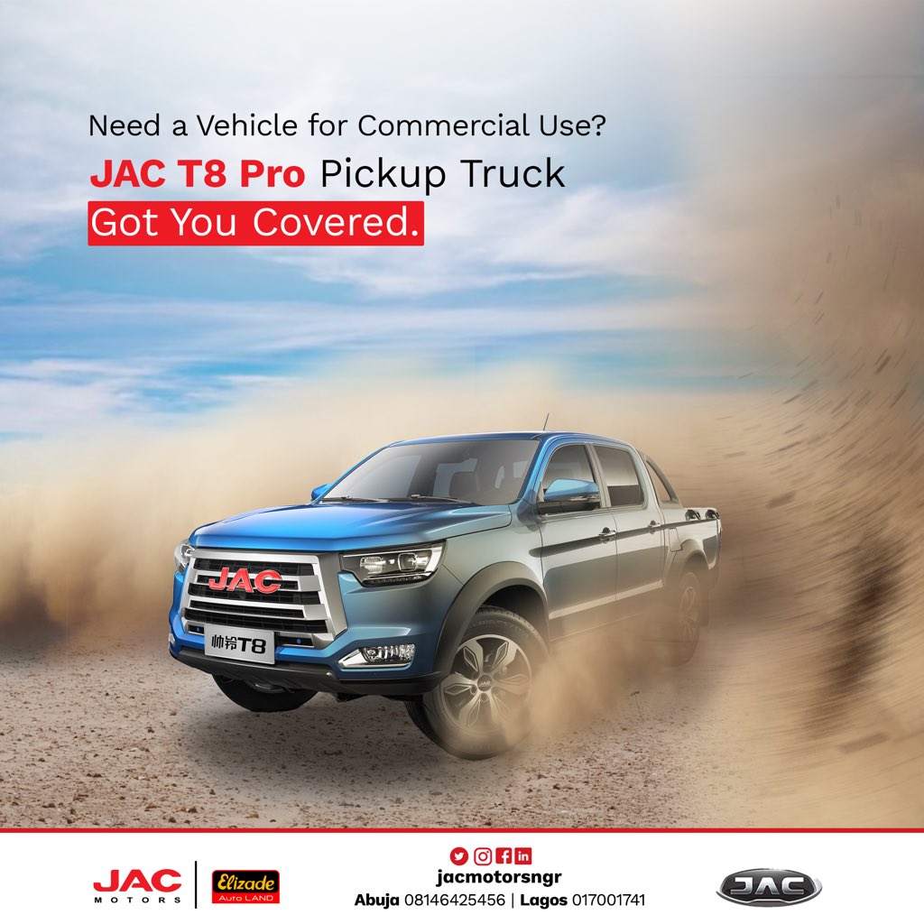 JACMotorsngr's tweet photo. When it comes to the reliability of the JAC T8 Pro, it's in a class of its own. So we've got you covered.​
Walk into our showroom or send us a DM to book a test drive.​

#jacmotors #elizadeautoland #jacnigeria #elizadeautolandjacmotors #jact8pro #pickuptruck https://t.co/O81ZBt6wFR