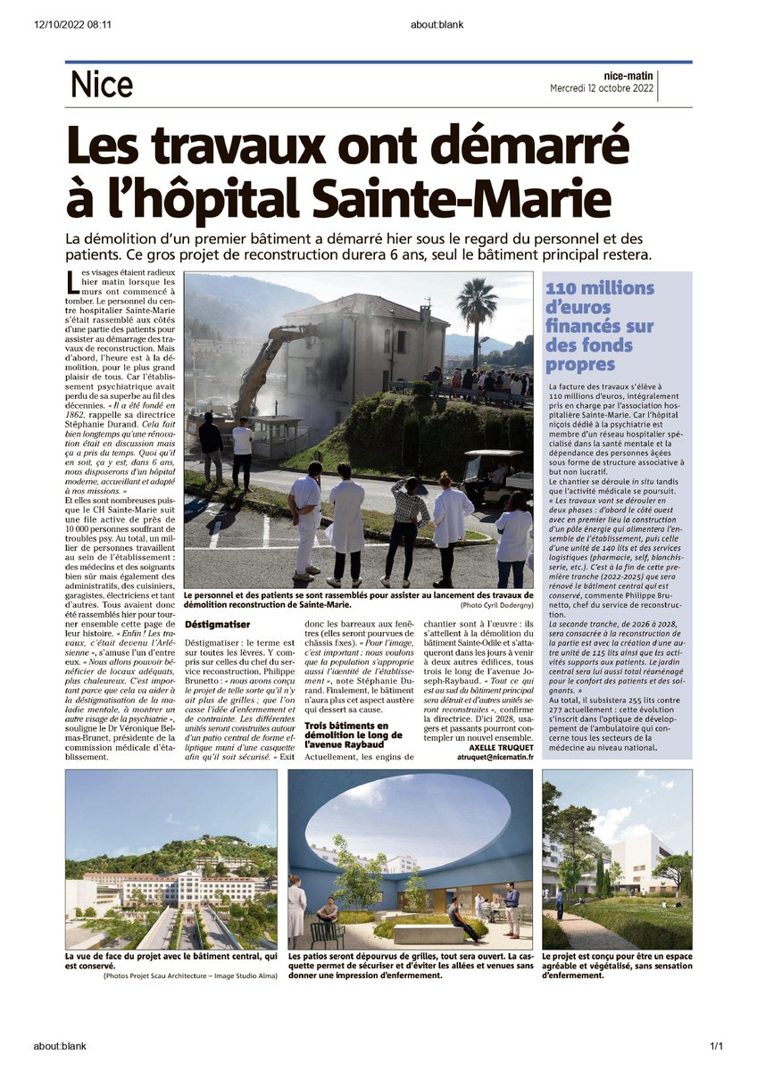 [📰Revue de presse]
 
𝗨𝗻 𝗻𝗼𝘂𝘃𝗲𝗮𝘂 𝗰𝗵𝗮𝗽𝗶𝘁𝗿𝗲 𝘀’𝗼𝘂𝘃𝗿𝗲 𝗽𝗼𝘂𝗿 𝗹𝗲 𝗖𝗛𝗦𝗠 𝗱𝗲 𝗡𝗶𝗰𝗲 ! 
🙏 Merci à <a href="/Nice_Matin/">Nice-Matin</a> d’avoir relaté ce moment historique de notre établissement.

<a href="/FEHAP/">Fernanda Pereira</a> - <a href="/AHSMtweets/">Association Hospitalière Sainte-Marie</a>  - <a href="/VilledeNice/">Ville de Nice</a>  - <a href="/HOSPIMEDIA/">Hospimedia</a>   - <a href="/APMinfos/">APMnews.com</a> - <a href="/SanteMentale/">Santé Mentale</a>