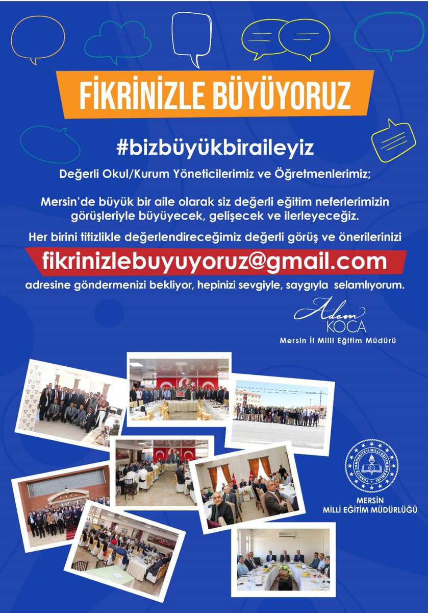 ❗️FİKRİNİZLE BÜYÜYORUZ❗️
 
Değerli Meslektaşlarım;

Her birini titizlikle değerlendireceğim değerli görüş ve önerilerinizi fikrinizlebuyuyoruz@gmail.com adresine göndermenizi bekliyor, hepinizi sevgi ve saygıyla selamlıyorum.

#Bizbüyükbiraileyiz <a href="/MersinMEM/">Mersin İl Millî Eğitim Müdürlüğü</a>
<a href="/tcmeb/">Millî Eğitim Bakanlığı</a> <a href="/ahpehlivan53/">Ali Hamza Pehlivan</a>