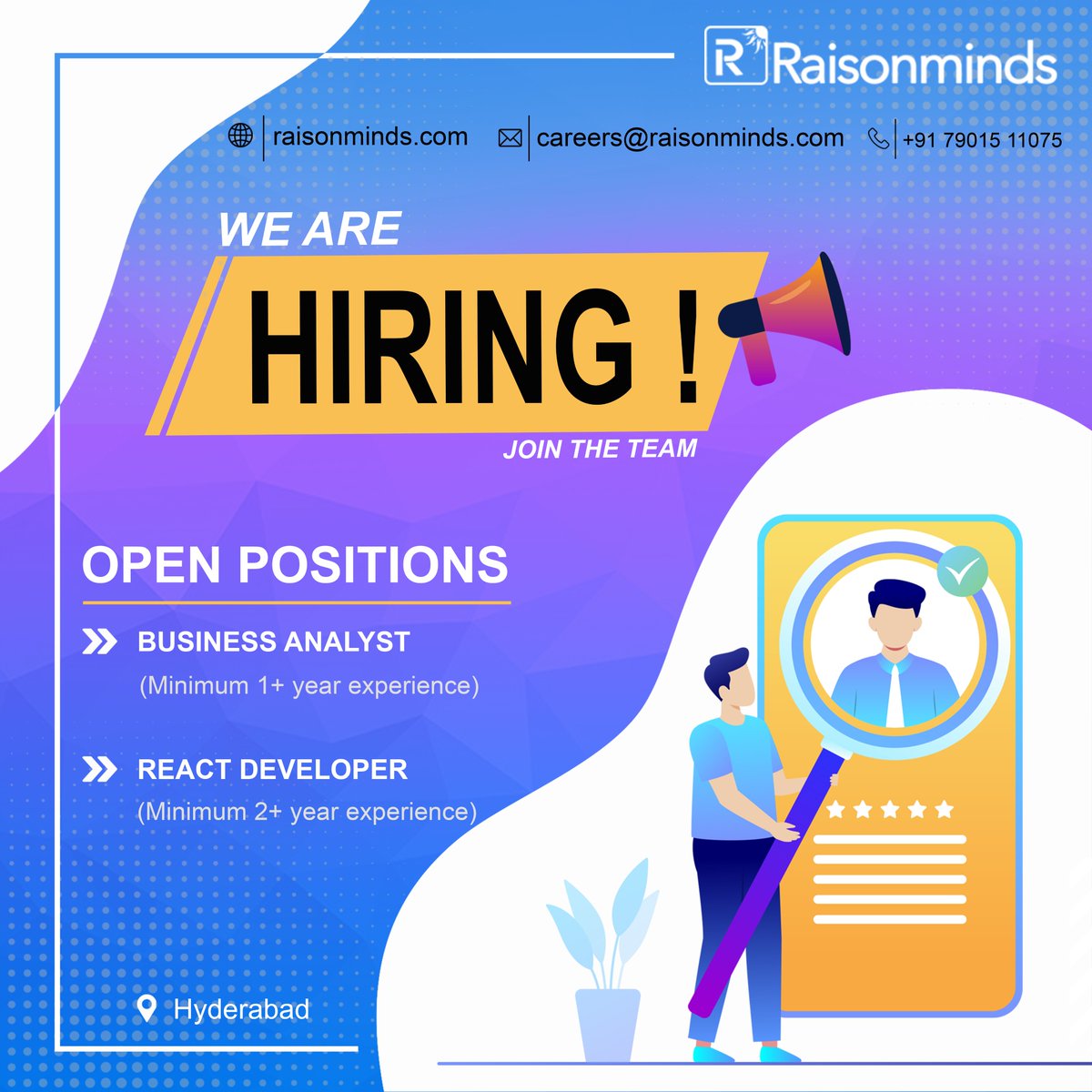 RaisonmindsI's tweet photo. Are you looking for a job change?
We have openings for Business Analyst and React developer positions.

Interested candidates can share your resume to info@raisonminds.com https://t.co/jig5BbdmQ0