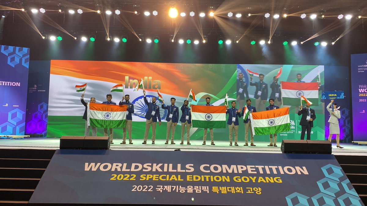 Skill_India_TS's tweet photo. WorldSkills Competition 2022 opening ceremony @ Goyang, South Korea. All set for competitions. Best wishes to all the competitors. #msde #nsdcindia https://t.co/JrO92rvORu