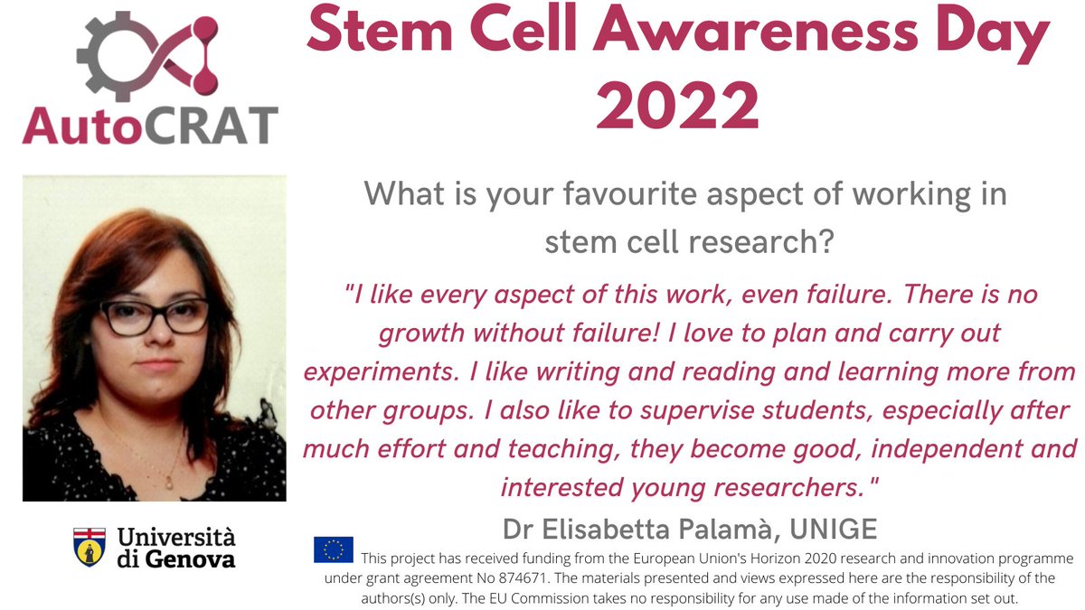 AutoCRAT2020's tweet photo. Being #StemCellAwarenessDay, we introduce Dr @elybasetta based at @UniGenova who loves the diversity of the tasks involved in #stemcell research!
 
This is an exciting, fast-moving field! https://t.co/UAidpn7J1x