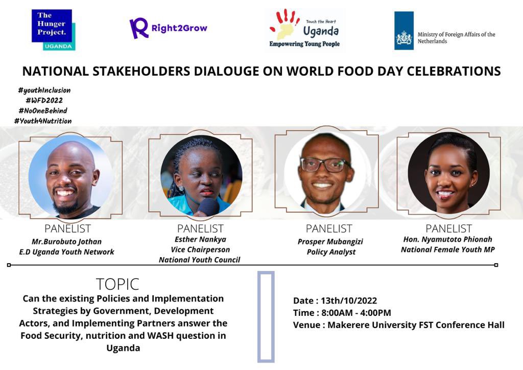 Mubangizi1995's tweet image. Looking forward to tomorrow’s conversation on food security by @HungerProject @Right2Grow_UG in commemoration of #WorldFoodDay @iankiko1 @KatoGerald16 @YamuBurobuto @PNyamutoro #WFD2022 #NoOneBehind