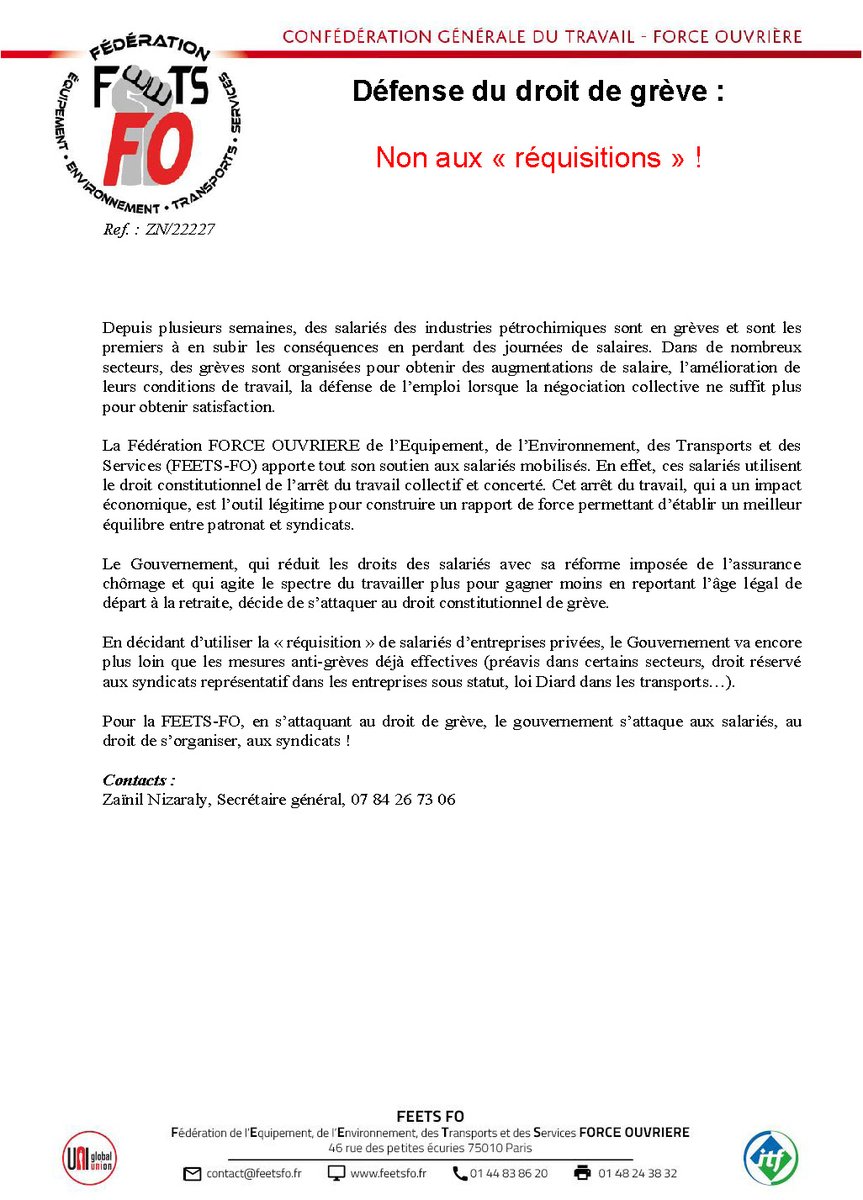 FeetsFO's tweet image. Défense du droit de grève : Non aux « réquisitions » !

Lien vers le communiqué : admin.feetsfo.fr/storage/docume…