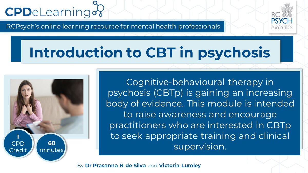 rcpsych_eLearn's tweet image. Are you at @rcpysch #onlineevent '15 minute CBT for use in clinical teams: a Five Areas Approach 2022'?

The #eLearningHub hosts numerous content related to #CBT. Continue learning with 60 minute #module '#Introduction to CBT in #psychosis'.

💻🔗 bit.ly/3EyAkFw

#CPD