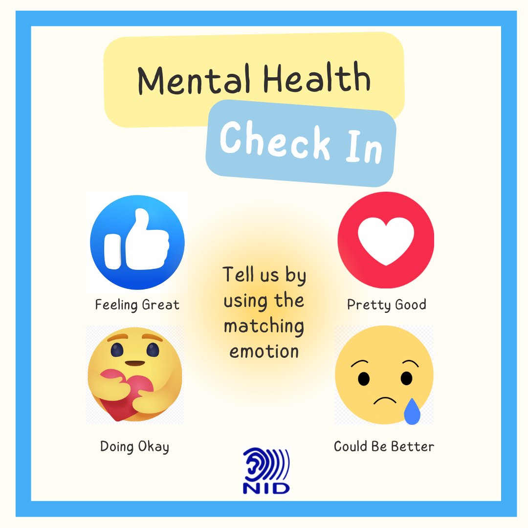 NIDdeaf's tweet photo. Mental Health Check In - show us how you feel!

#MentalHealthDeafAwareness #CheckYourFeelings #YouAreLoved https://t.co/65jNQNSm1q