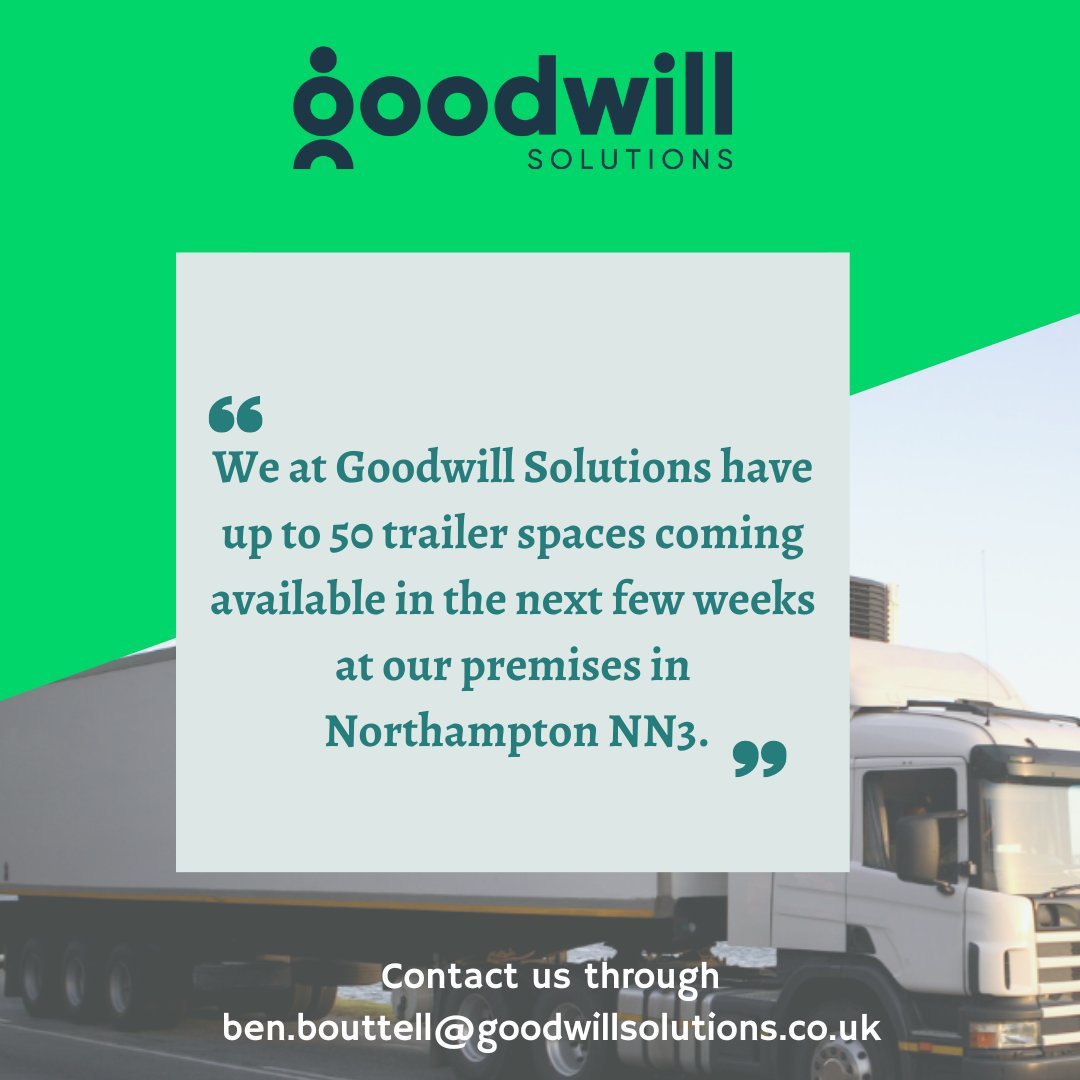 gwillsolutions's tweet photo. We have some spaces for trailers that are going to be available on the Goodwill site at Moulton Park. These can hold up to 50 trailers on site.
Contact us on 01604 643 185 or ben.bouttell@goodwillsolutions.co.uk https://t.co/kJiuJU89v3