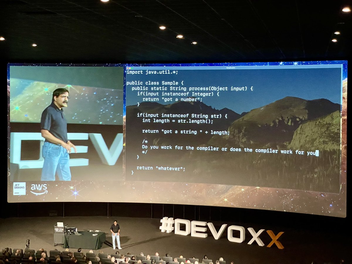 angheloiu's tweet photo. “Do you work for the compiler or does the compiler work for you?” @venkat_s #Devoxx https://t.co/AD7rux0PaH