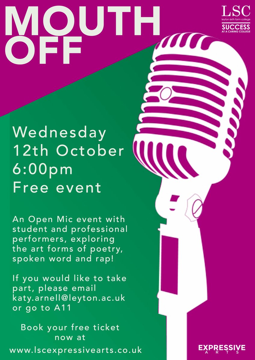 Tonight we kick off Leyton Presents 2022/23 with our open mic night - Mouth Off!!!

Featuring <a href="/kitch_official/">Kitch</a>, <a href="/YGoodlink/">Yossi Spoken Word</a>, @YungIfto and Arnie the Beta - as well as our staff and students!

6:00pm
Free event
Leyton Sixth Form College

lscexpressivearts.co.uk