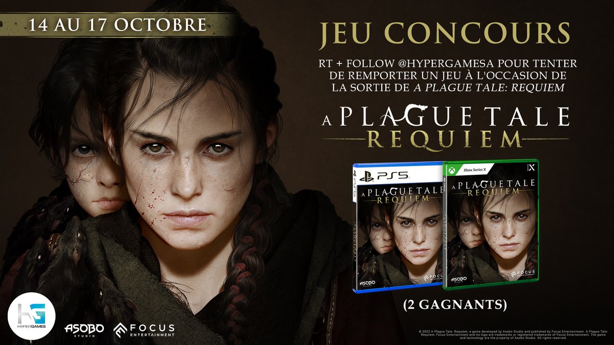 HypergamesA's tweet image. #CONCOURS 🔥
A l'occasion de la sortie de #APlagueTale Requiem, tentez de gagner 1 jeu sur la plateforme de votre choix ! 💥
2 gagnants au total 🎁
Pour participer :
➡Follow @HypergamesA
➡RT le tweet
TAS le 17/10
👉bit.ly/3Ew2GAp