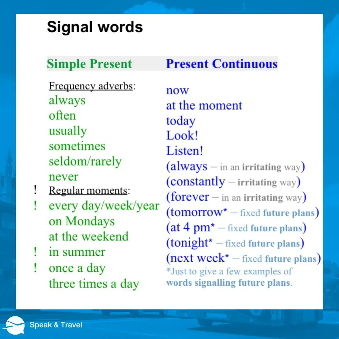 SusanBrodar's tweet image. Did you know that there are SIGNAL WORDS that can indicate which tense you should use.  Very useful when you are unsure whether you should use the SIMPLE PRESENT or PRESENT CONTINUOUS TENSE?

#SIGNALWORDS
#PRESENTSIMPLE
#PRESENTCONTINUOUS