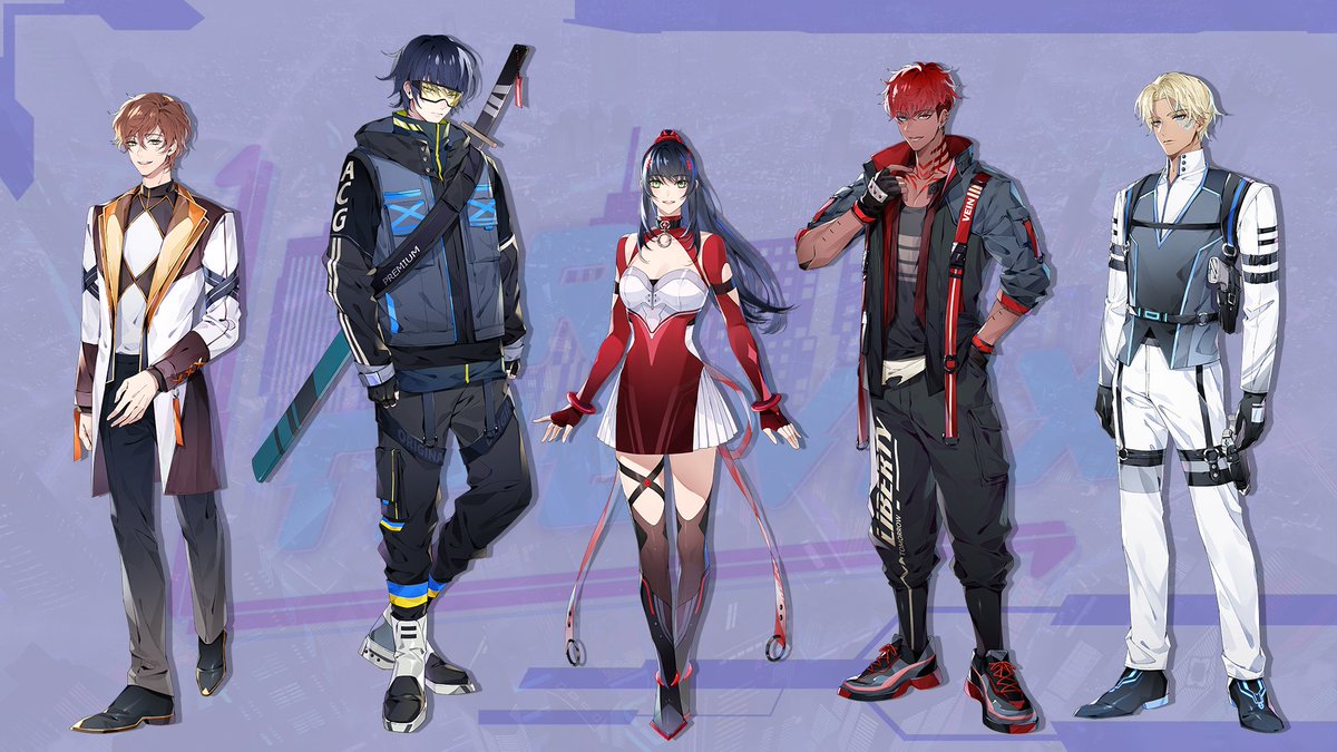 Line up ~

See our main cast for #ORTheVex side by side!
For reference, Tessa is 5'5" or 165cm 😯

#otome #visualnovel #vndev #indiedev #cyberpunk