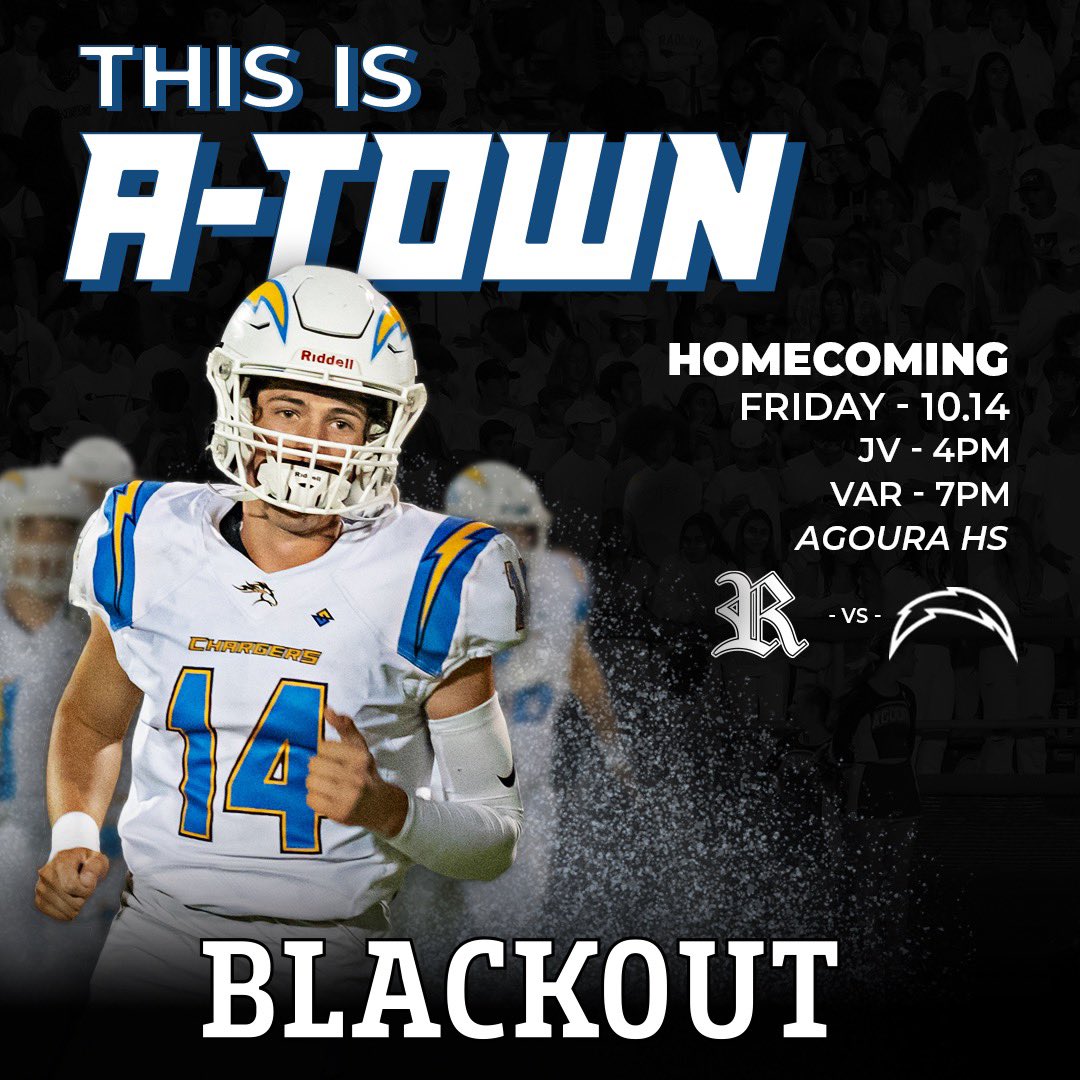 Atownfootball's tweet photo. It’s Homecoming! At Agoura Friday night vs. Royal - JV 4pm and Varsity 7pm. Chargers fans wear black and get your tickets at https://t.co/Ay5qU0efFP #BeLikeCarter #fridaynightlights #brickbybrick @AHS_Chargers @CoachCroick https://t.co/BaMIQECArL