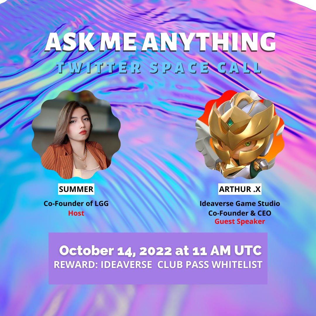 AMA with <a href="/IdeaverseIDV/">Ideaverse Games Studio</a> 💥

📆: October 14, 2022
⏰: 7PM SG Time 🇸🇬
📍x.com/i/spaces/1BdxY…
Register here to win Ideaverse Club Pass Whitelist. 🎫
🔗 t.cwallet.com/GRjk

See you on the Space! 
L F G 💜🤍