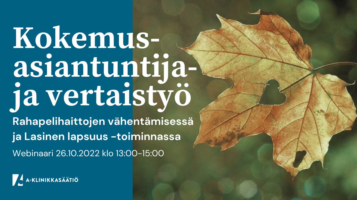 <a href="/aklinikkasaatio/">A-klinikkasäätiö</a> Rahapelihaittoja sekä Lasinen lapsuus -toimintaa käsittelevässä webinaarissa 26.10. pääset kuulemaan kokemusasiantuntijoita <a href="/yhteispelilla/">Yhteispelillä!-hanke</a> sekä <a href="/lasinenlapsuus/">Lasinen lapsuus</a> -hankkeista! 

Ilmoittautua mukaan voit 24.10. asti täältä➡️tietopuu.a-klinikkasaatio.fi/tapahtuma/koke…