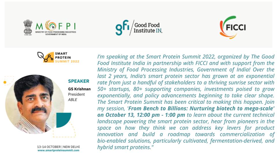 join my session, 'From Bench to Billions: Nurturing biotech to mega-scale' on Oct 13, 12-1 pm to learn about the current technical landscape powering the smart protein sector at the Smart Protein Summit 2022, organized by @GoodFoodIndia in partnership with @ficci_india
