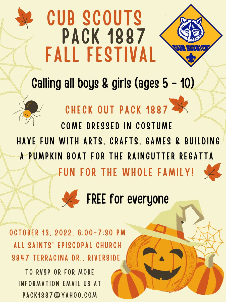 Pack1887's tweet photo. We want you to join our Riverside Cub Scout pack! We welcome all youth 5-10 yrs old from #Riverside County. You’re invited to our @Pack1887 Fall Festival! #Pack1887 #CubScouts #BSA #YouthActivities https://t.co/cM7jsy1VC0