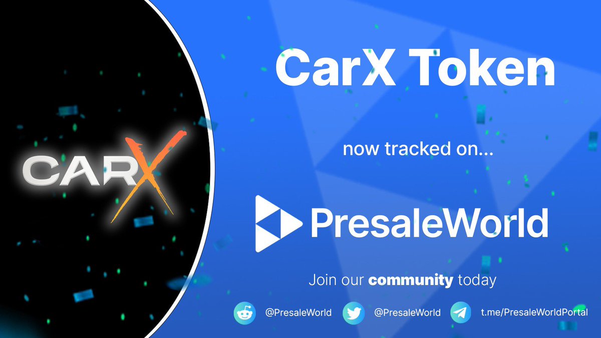PresaleWorld's tweet photo. NEW TRACKED PRESALE

@CarXtoken_io now a tracked listing on PresaleWorld. 

Keep up to date with the sale and others at https://t.co/VhAgm6WunV

#Presaleworld #cryptocurrency https://t.co/0HEeW87Rf3