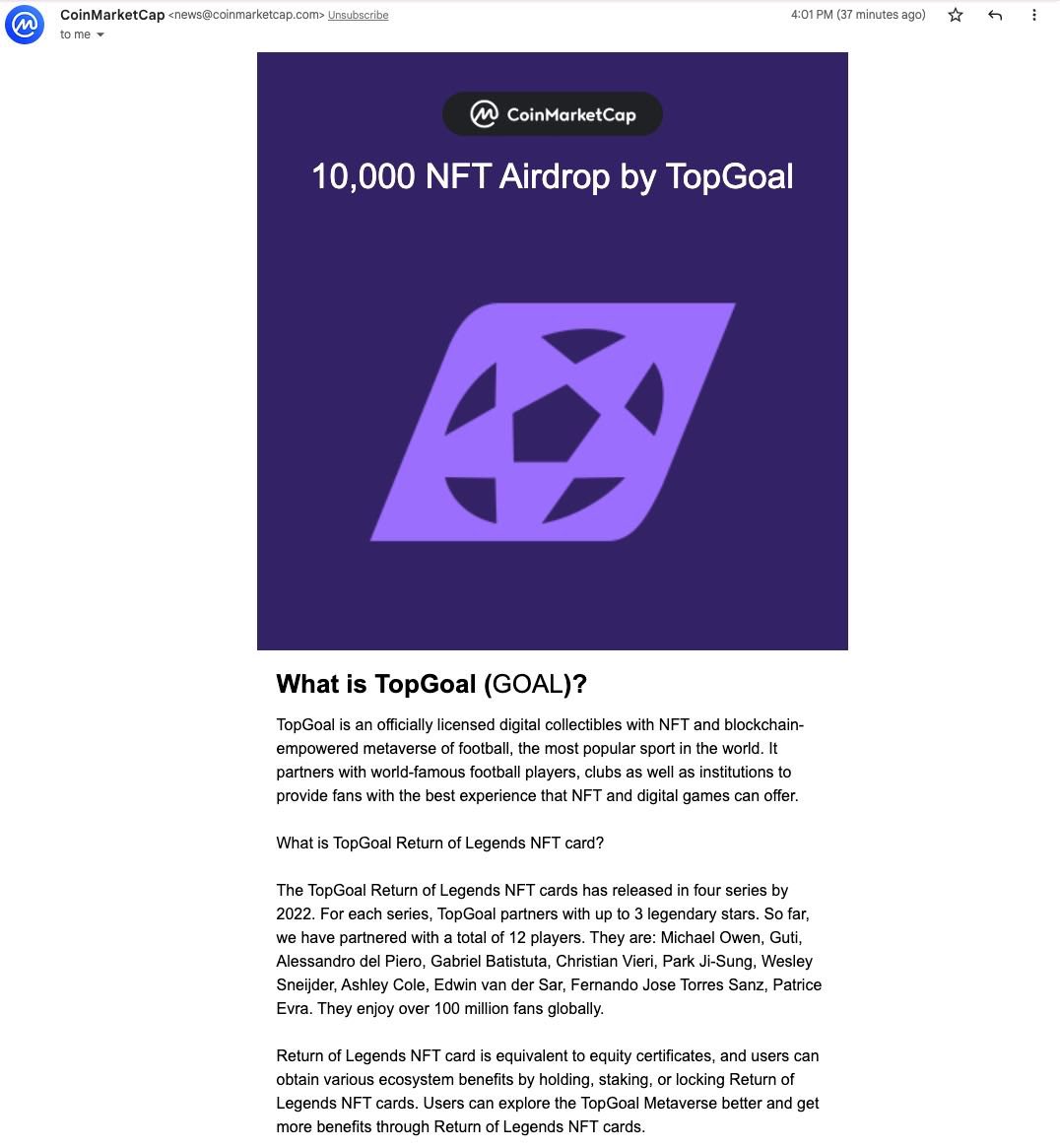 👏We appreciate that <a href="/CoinMarketCap/">CoinMarketCap</a> shares TopGoal’s NFT Airdrop Campaign with all CMC users!   
Join us now🙌